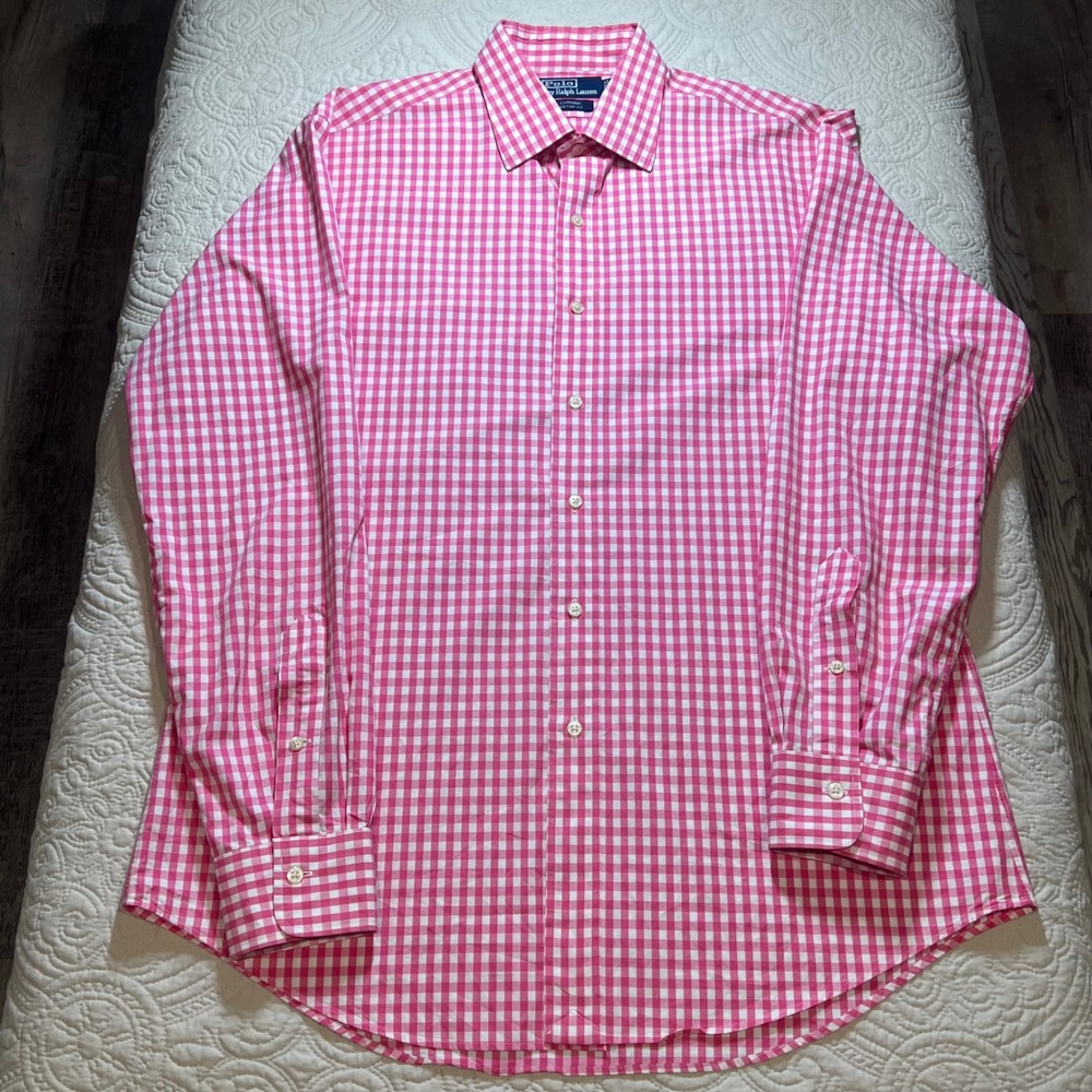 Polo Ralph Lauren Men's‎ Pink Gingham Custom Fit Button Down Shirt Size 16 1/2 - Picture 2 of 6